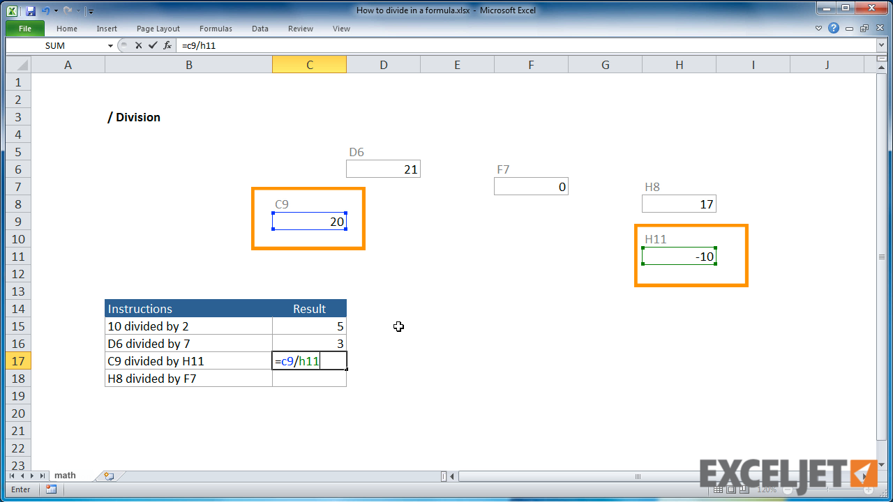 Formula division excel